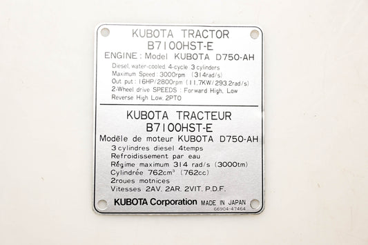 Kubota 66904-47463 Body Name Plate B7100HST-E NOS