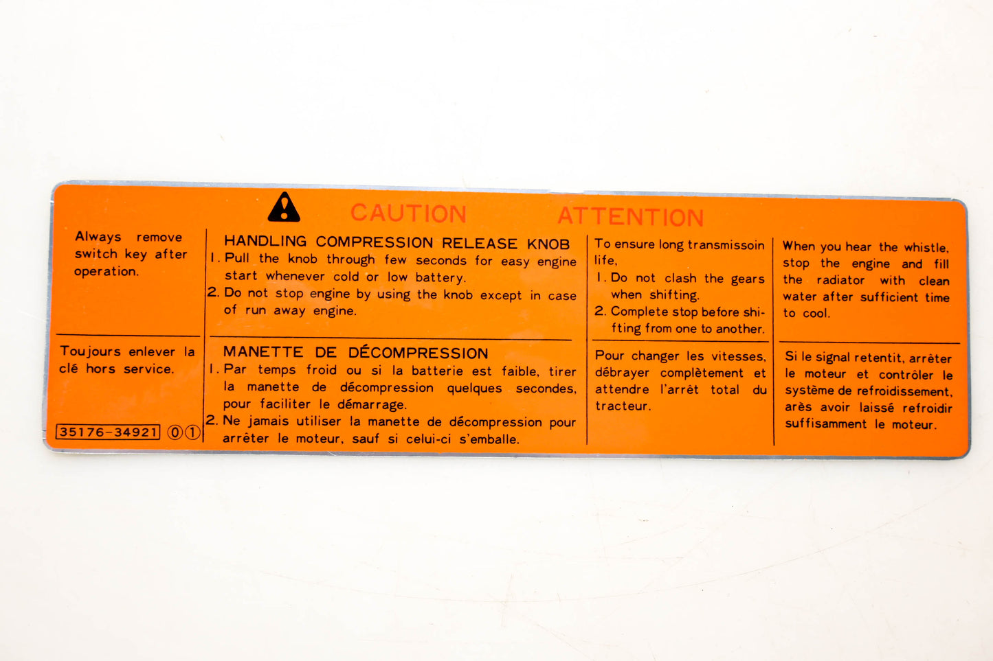 Kubota 35176-34920 Instruction Decal NOS