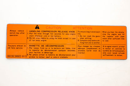 Kubota 35176-34920 Instruction Decal NOS