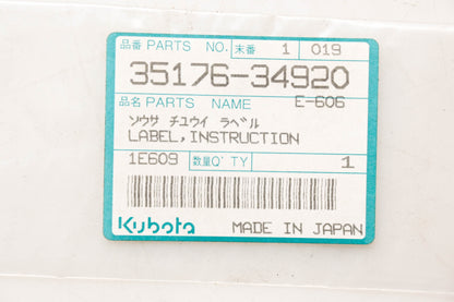 Kubota 35176-34920 Instruction Decal NOS