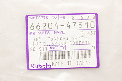 Kubota 66204-47510 Speed Control Decal NOS