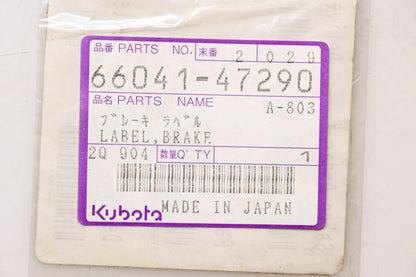 Kubota 66041-47290 Brake Label NOS