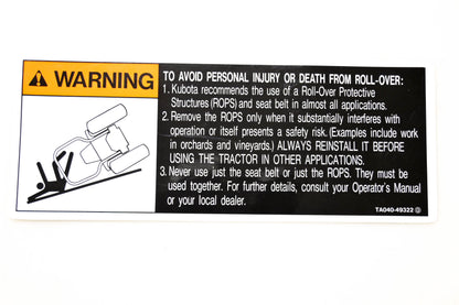 Kubota TA040-49322 Warning Roll-Over Decal NOS
