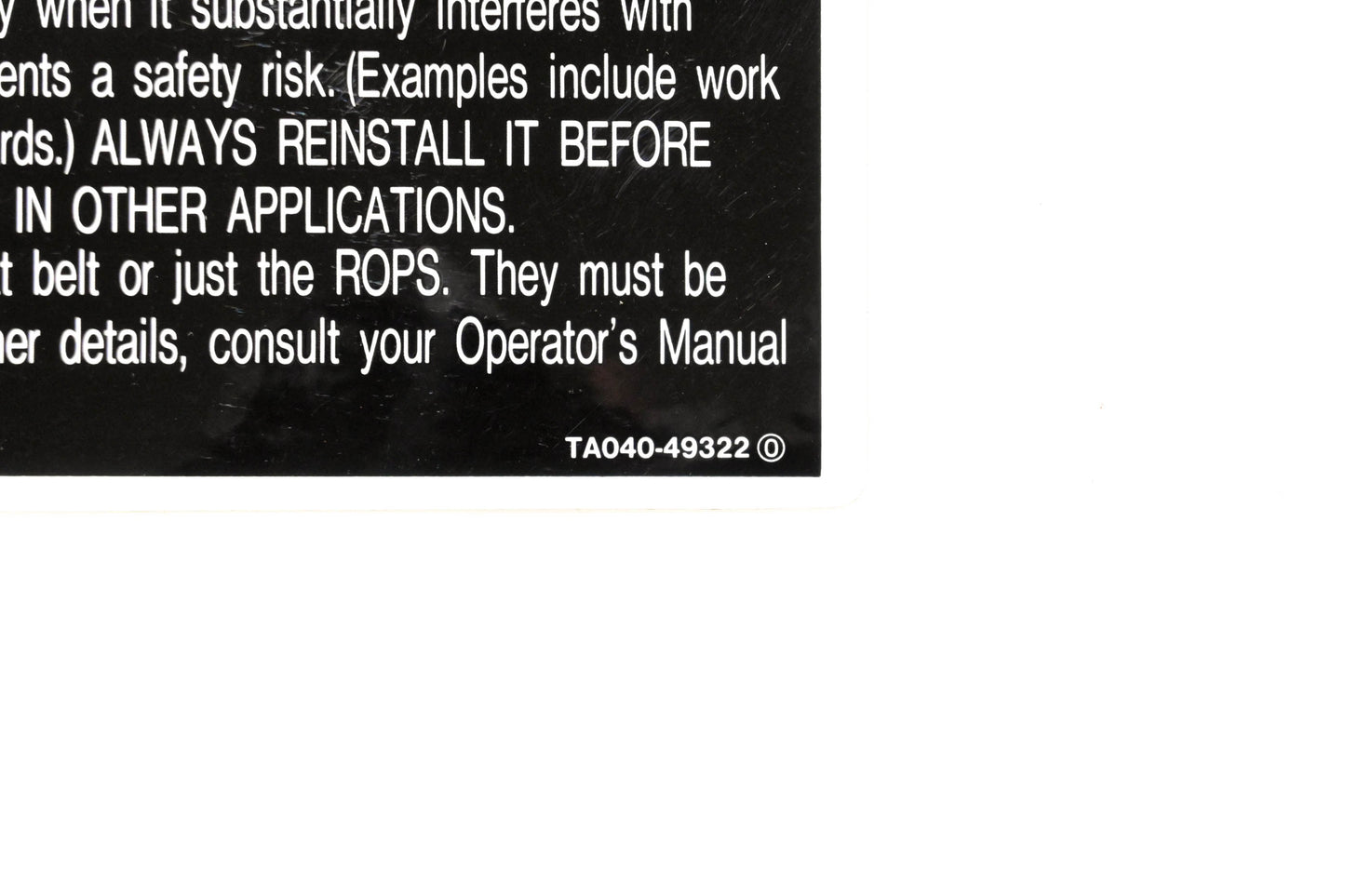 Kubota TA040-49322 Warning Roll-Over Decal NOS