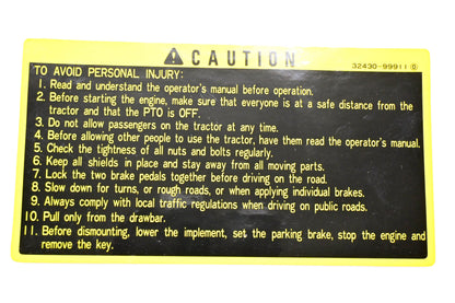 Kubota 32430-99911 Caution Personal Injury Decal NOS