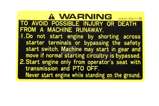 Kubota 35820-98633 Warning Runaway Decal NOS