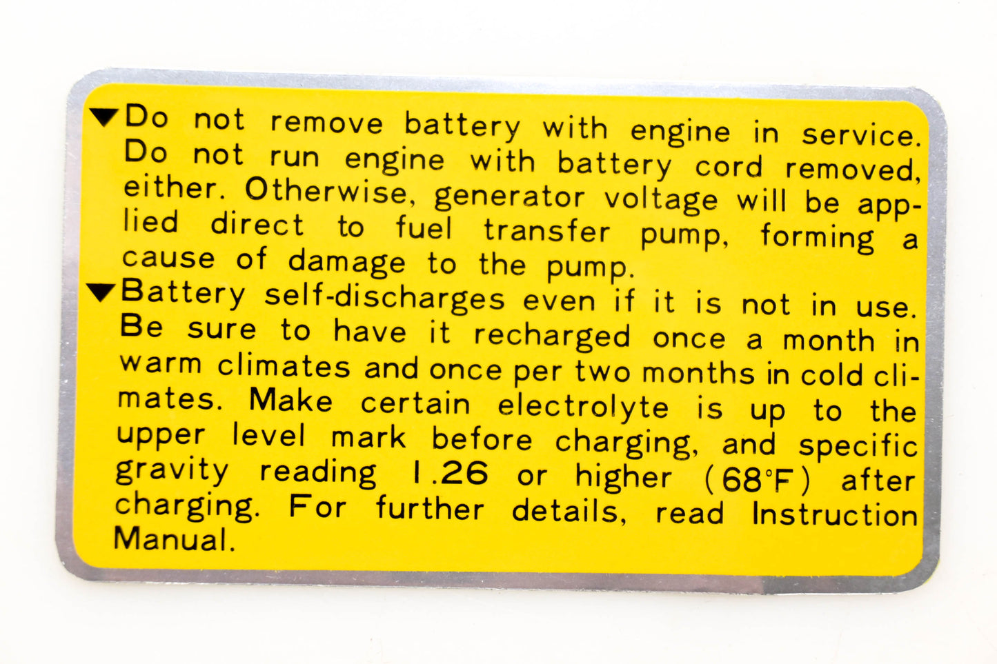 Kubota 15232-88230 Battery Instruction Decal NOS