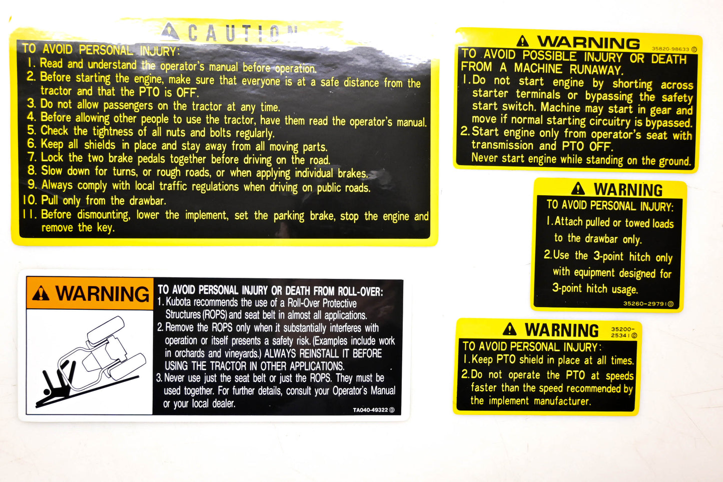 Kubota 32430-99900 Warning Label Kit NOS