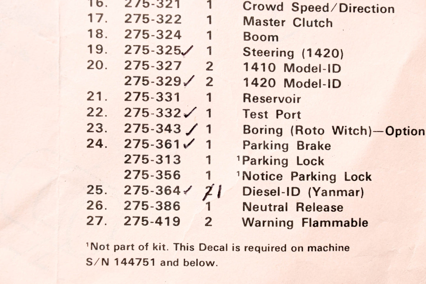 Ditch Witch 275-361, 361 Parking Brake Decal NOS