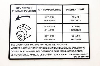 Bobcat SW 94 6565927, 6565927 Key Switch Preheat Position Decal NOS
