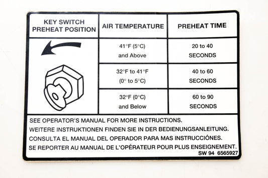 Bobcat SW 94 6565927, 6565927 Key Switch Preheat Position Decal NOS