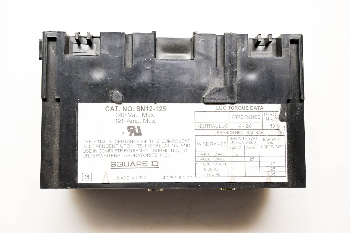 Square D 40504-542-01, SN12-125 Insulated Groundable Neutral Assembly NOS