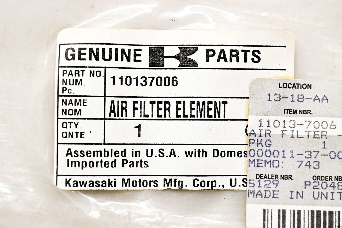 New OEM Kawasaki 110137006 Air Filter Element NOS