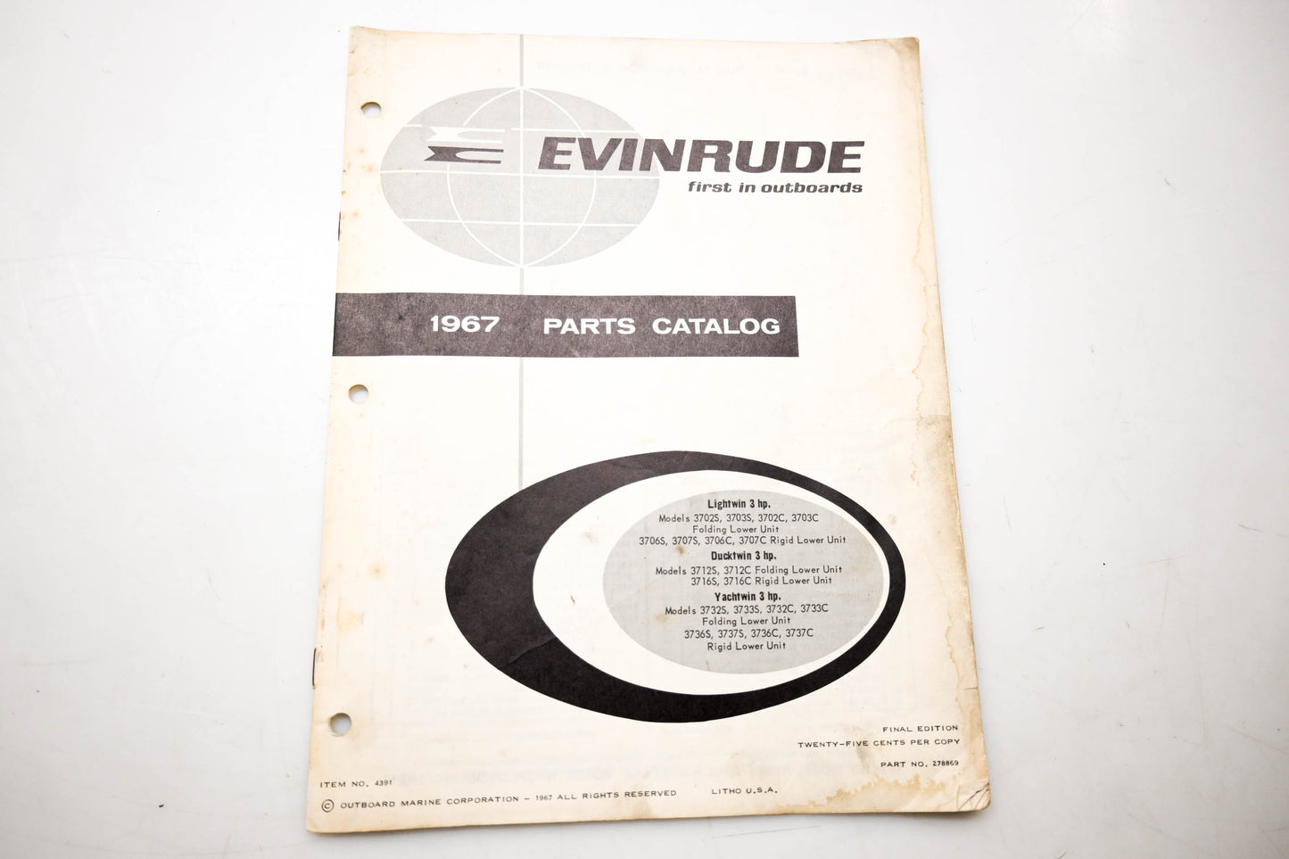 OMC 4391, 278869 Evinrude Parts Catalog 1967 Lightwin Ducktwin Yachtwin