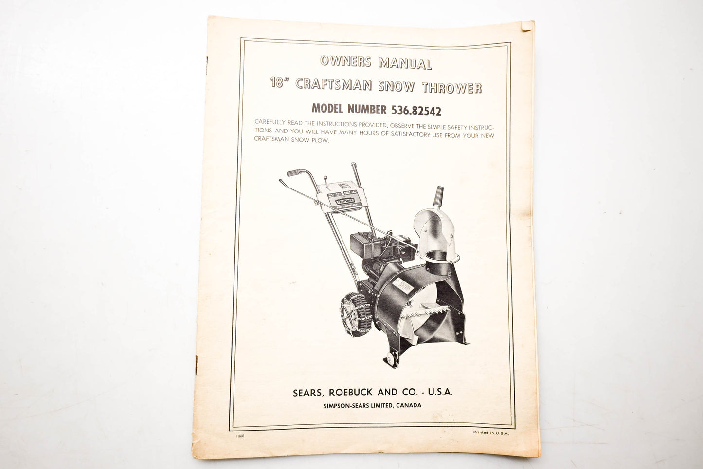 Sears, Roebuck and Co. 1368 Owners Manual 18" Craftsman Snow Thrower