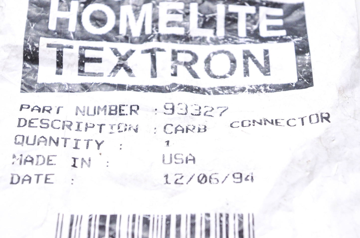 Homelite 93327 Carb Connector NOS