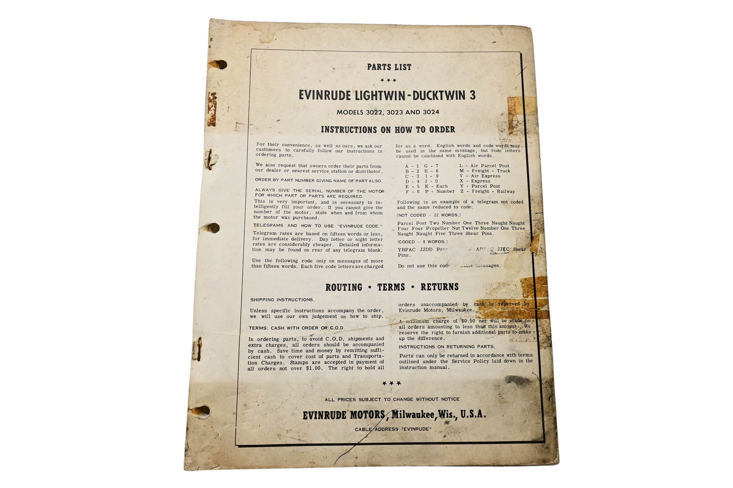 Evinrude 2762-8-56-7M 1954 Parts List Evinrude Lightwin Ducktwin Models 3022 3023 3024