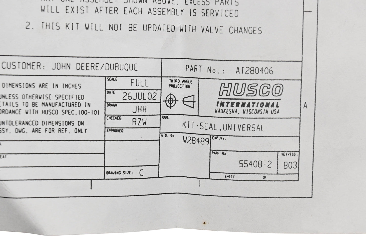 New OEM John Deere AT280406 Husco Seal Kit NOS