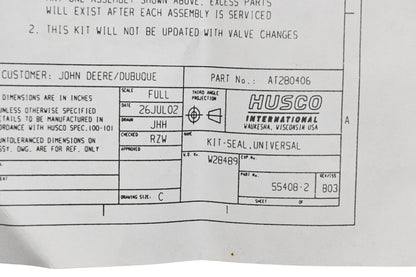 New OEM John Deere AT280406 Husco Seal Kit NOS