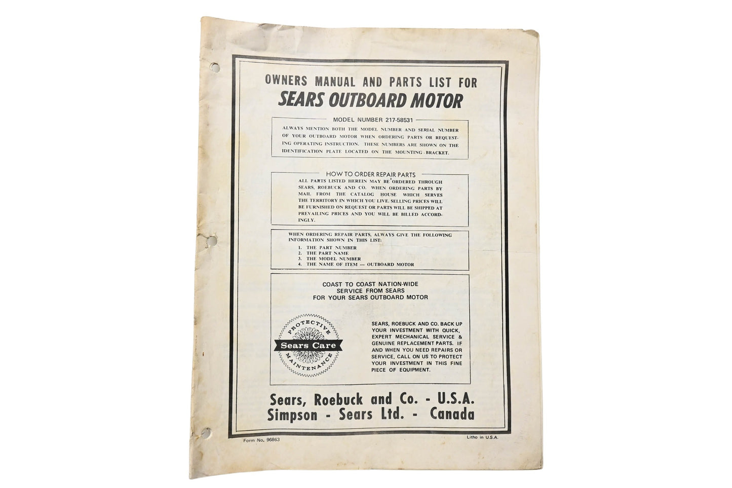 Sears, Roebuck and Co. 96863 Owners Manual & Parts List For Sears Outboard Motor