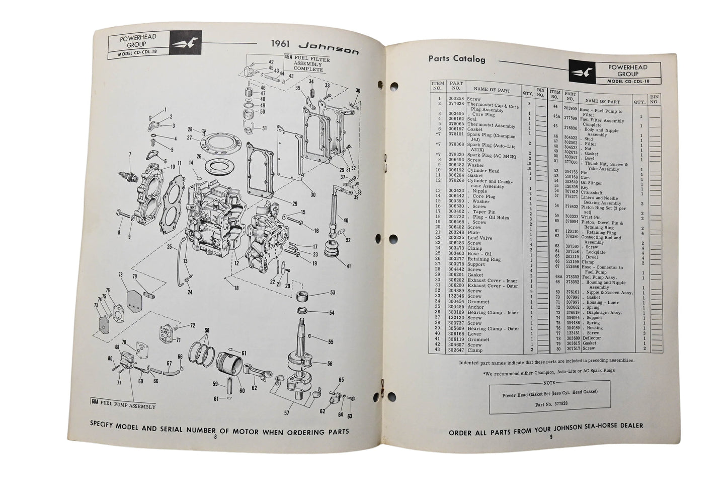 OMC 378458 1961 Johnson Parts Catalog 5.5hp Sea Horse Models