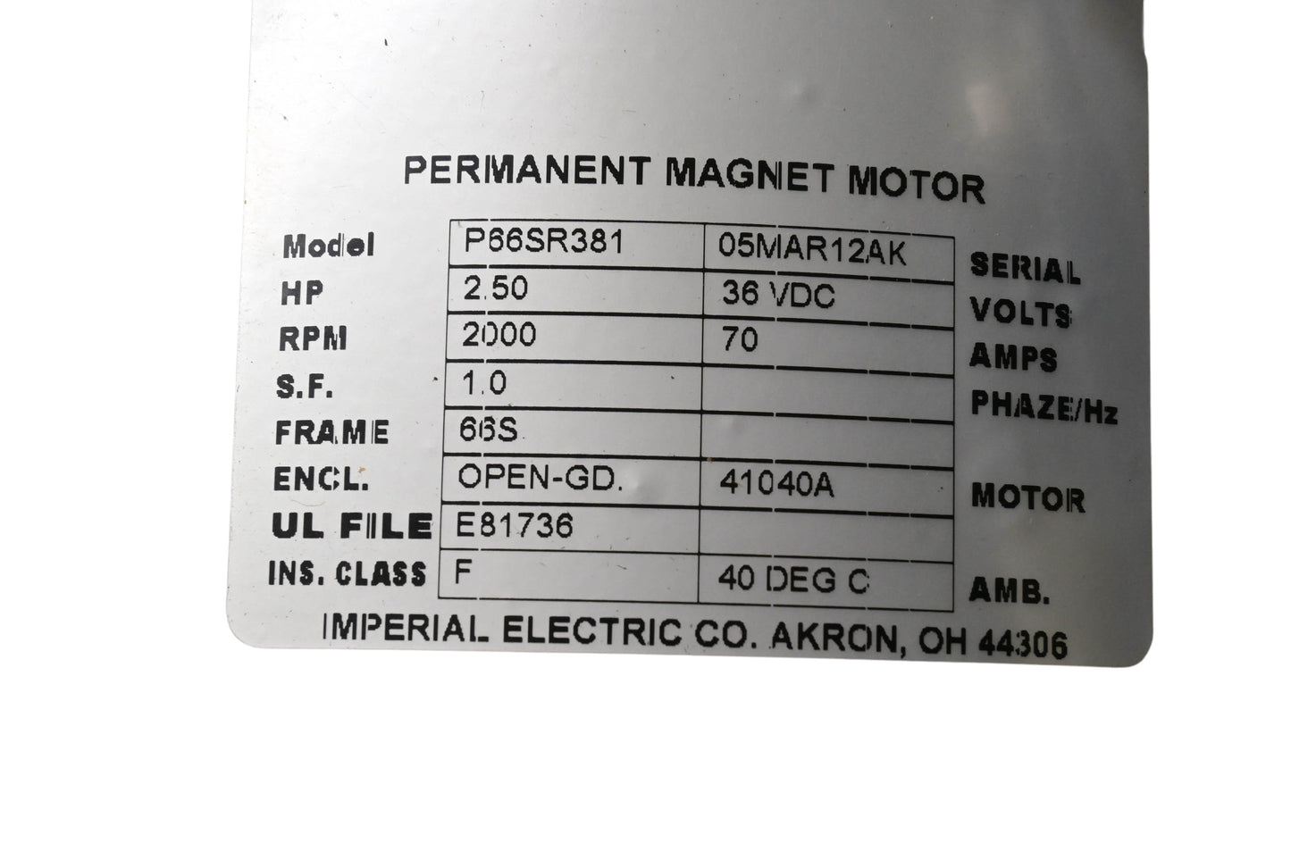 Imperial Electric P66SR381 Permanent Magnet Motor NOS