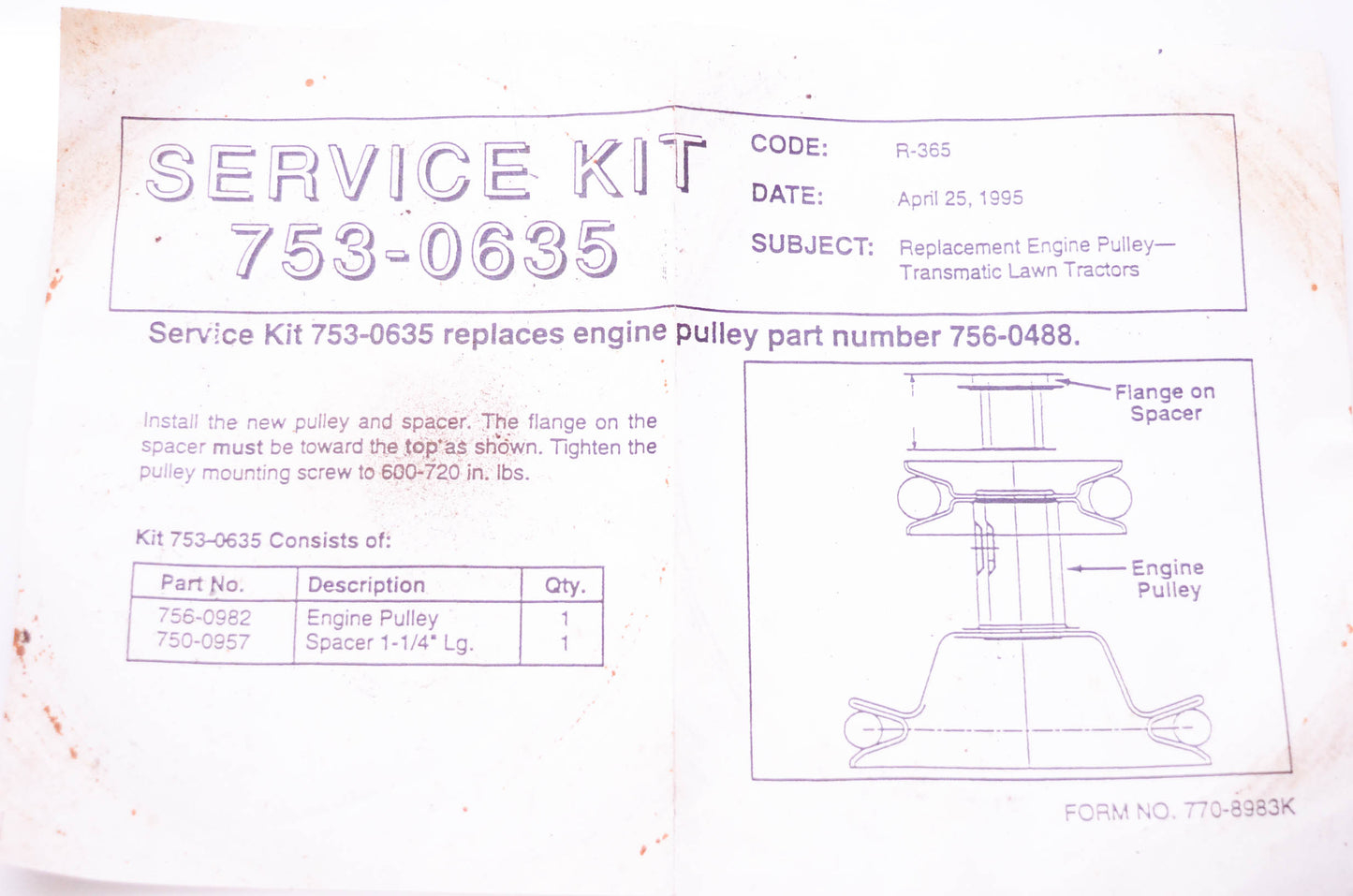 MTD 753-0635, 756-0488 Engine Pulley NOS