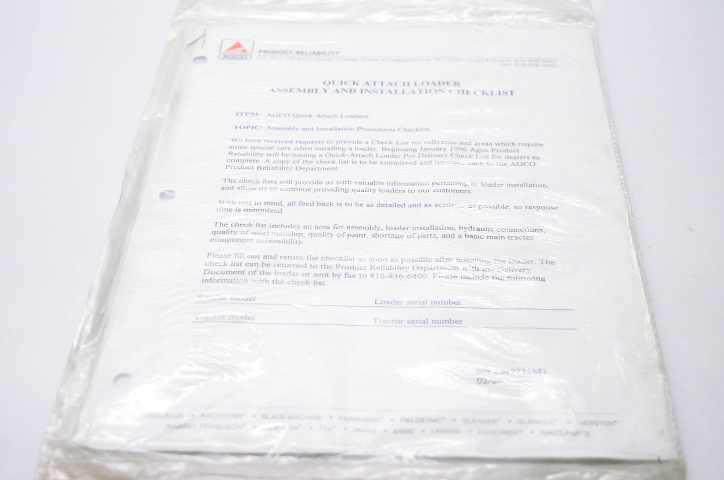 Agco Corporation 1449731M1 Quick Attach Loader Assembly & Installation Checklist NOS