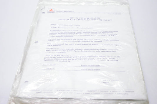 Agco Corporation 1449731M1 Quick Attach Loader Assembly & Installation Checklist NOS
