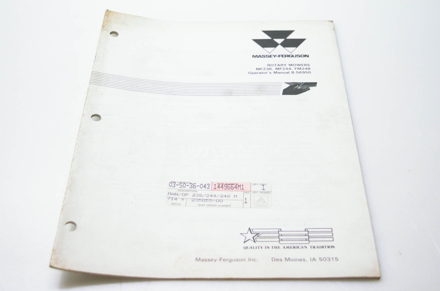 Massey Ferguson 1449664M1, 8-56950 Rotary Mowers Operator's Manual