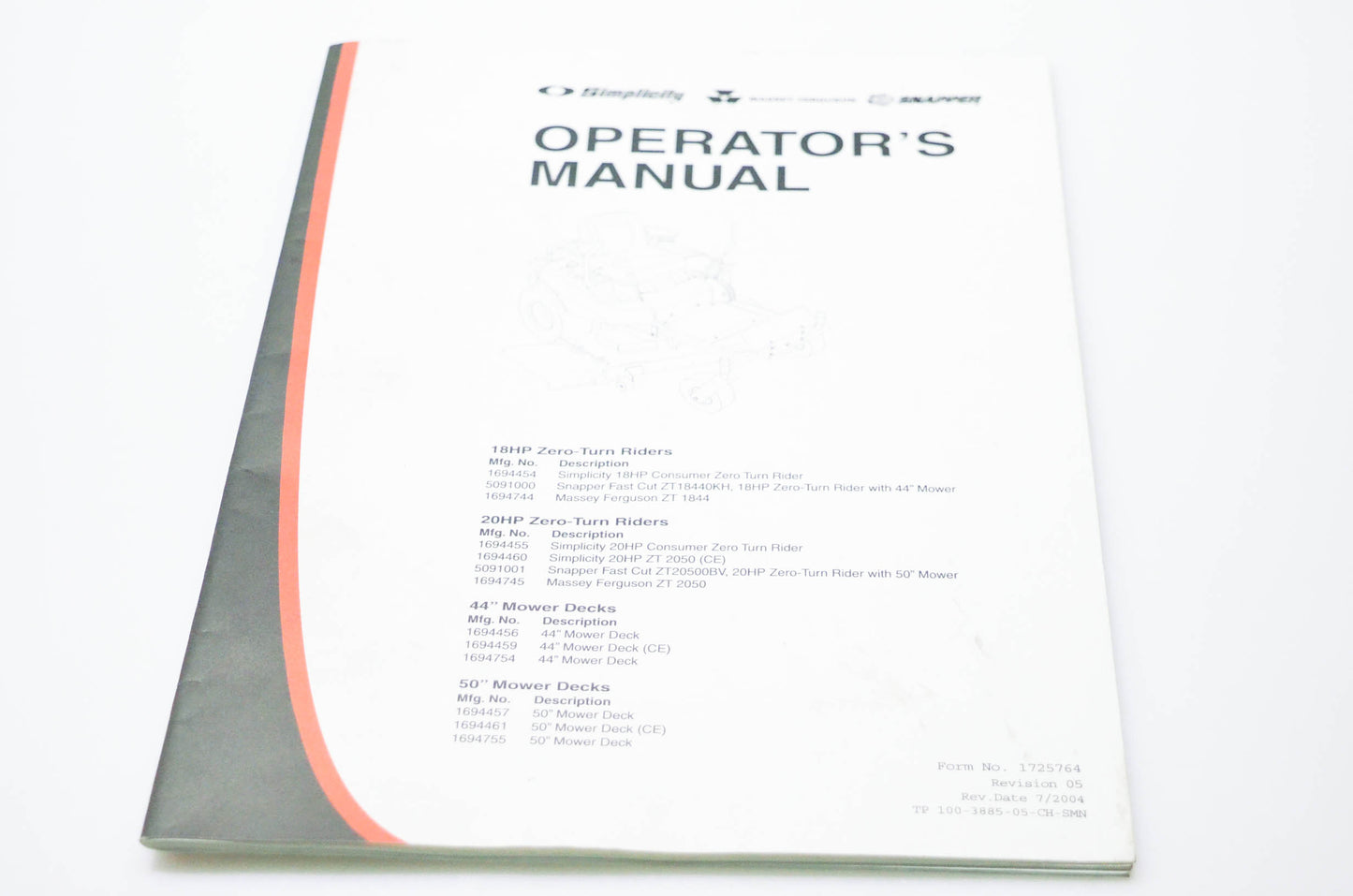 Simplicity Manufacturing 1725764, 100-3885-05-CH-SMN Operator's Manual
