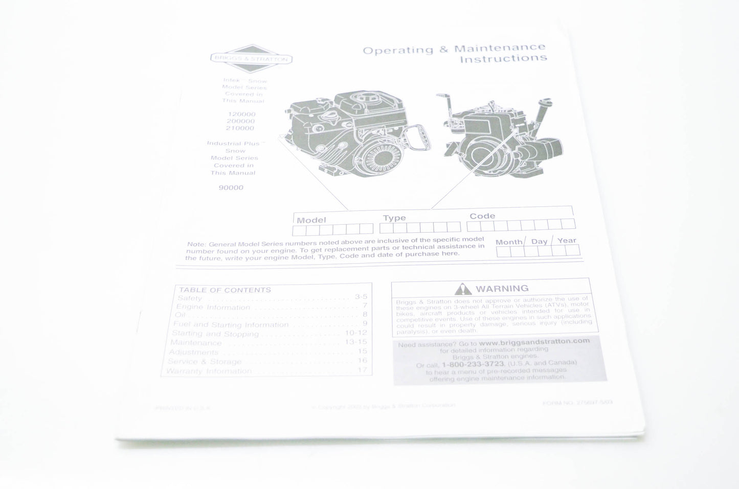 OEM Briggs & Stratton 275697-5, 275697-5/03 Operating & Maintenance Instructions