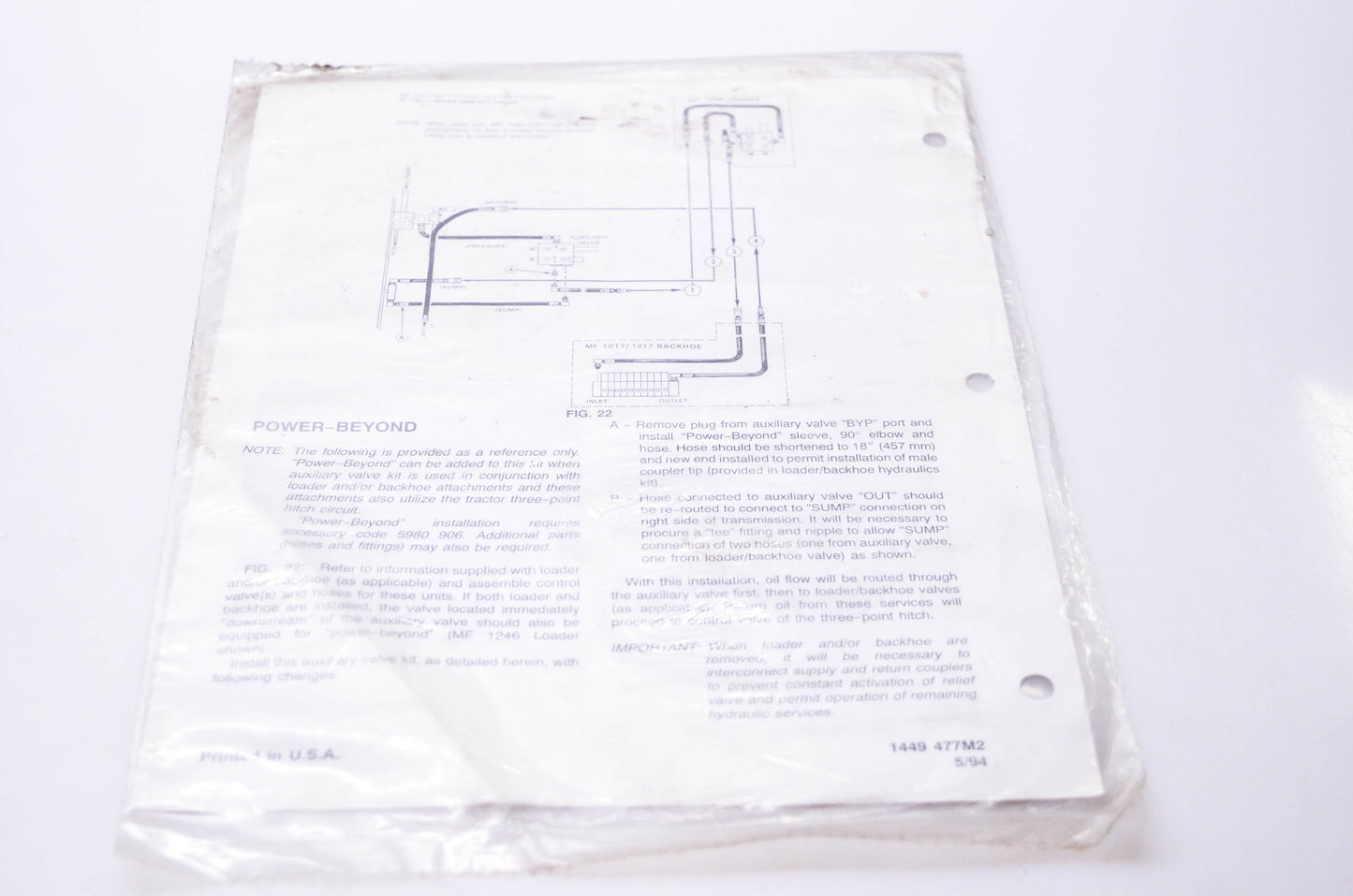 Massey Ferguson 1449 477M2 Installation Instructions Auxiliary Control Valve & Couplers NOS
