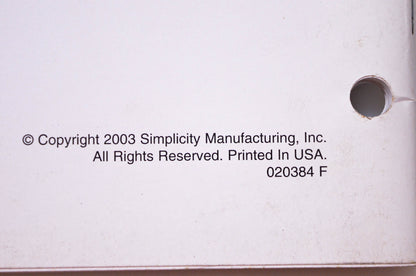 Simplicity Manufacturing 020384 F Electrical Information Manual 2003