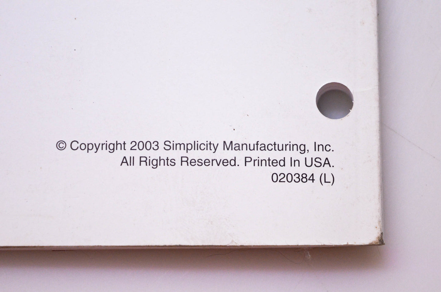 Simplicity Manufacturing 020384 L 2003 Warranty Procedures & Flat Rate Manual