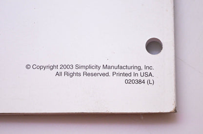 Simplicity Manufacturing 020384 L 2003 Warranty Procedures & Flat Rate Manual
