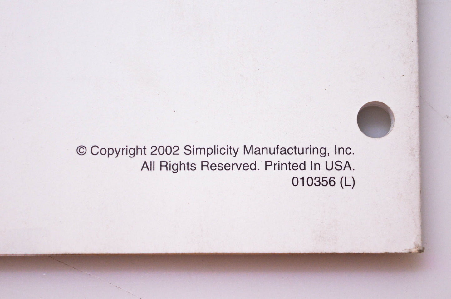Simplicity Manufacturing 010356 L 2002 Warranty Procedures & Flat Rate Manual