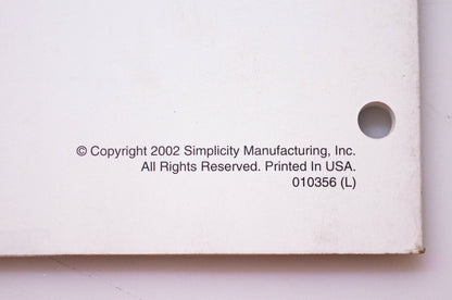 Simplicity Manufacturing 010356 L 2002 Warranty Procedures & Flat Rate Manual