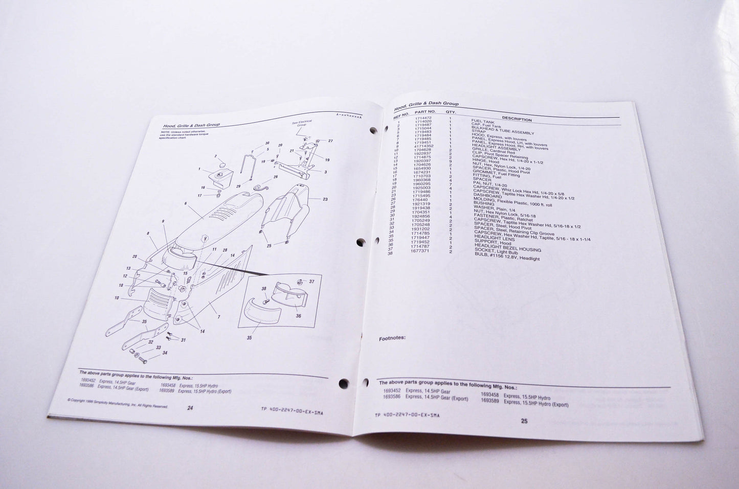 Simplicity Manufacturing 400-2247-00-EX-SMA Express Parts Manual Express Series Lawn Tractors & Mower Decks