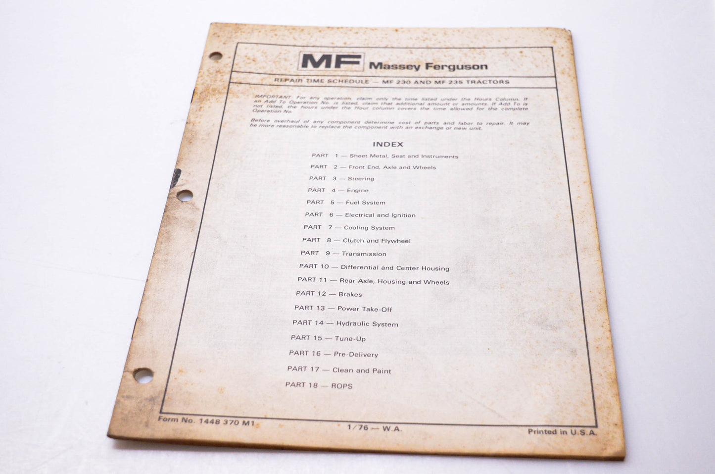 Massey Ferguson 1448 370 M1 Repair Time Schedule MF 230 & MF 235 Tractors