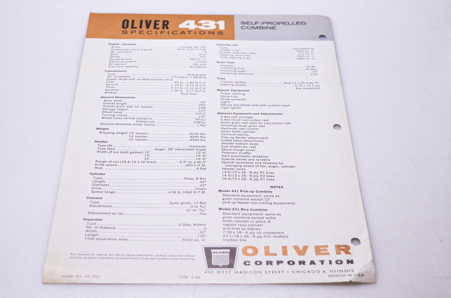 Oliver AS 2501 Oliver 431 Specifications Self-Propelled Engine Brochure