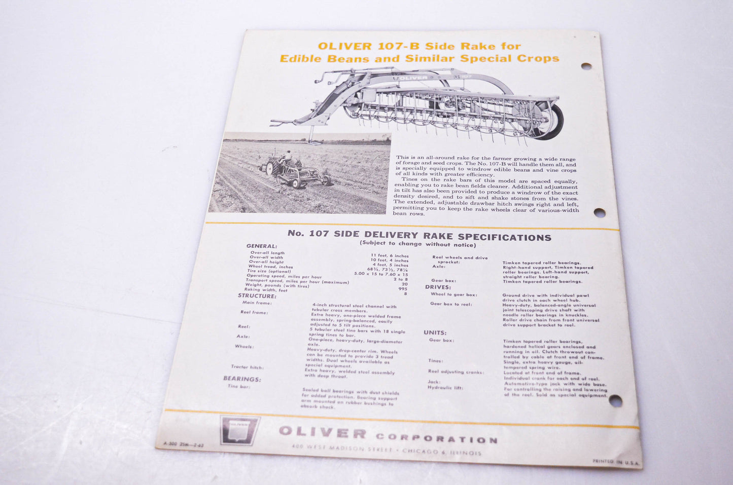 Oliver A-500, 25M-2-63 Oliver No. 107 Side Delivery Rake Brochure