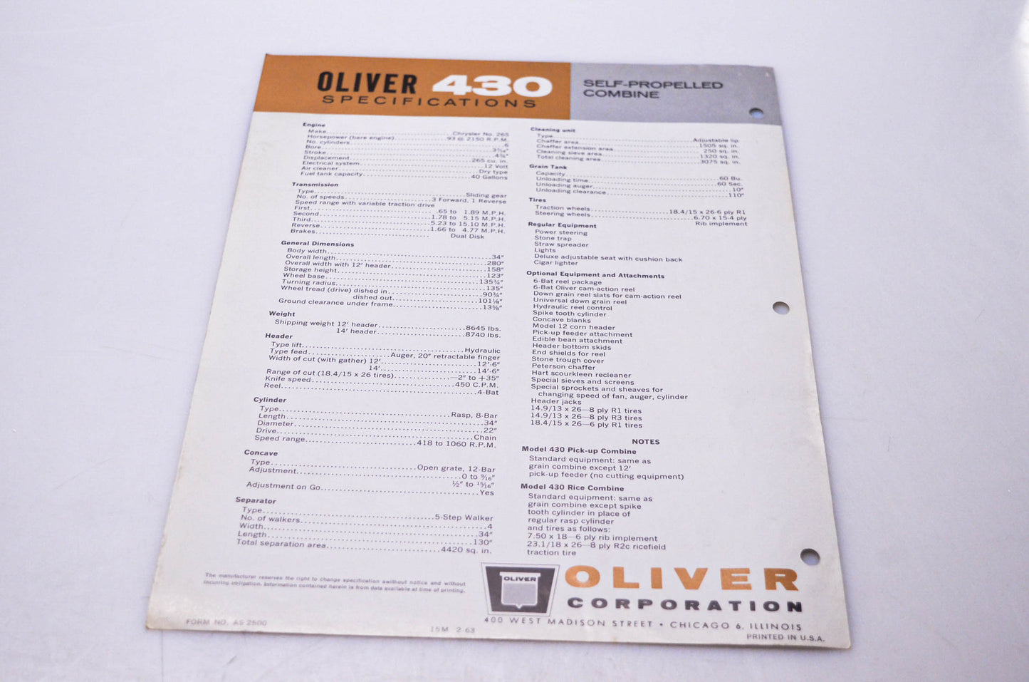 Oliver AS 2500 Oliver 430 Self-Propelled Engine Brochure
