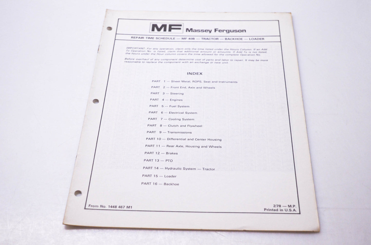 Massey Ferguson 1448 467 M1 Repair Time Schedule MF 30B Tractor Backhoe Loader
