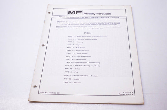 Massey Ferguson 1448 467 M1 Repair Time Schedule MF 30B Tractor Backhoe Loader