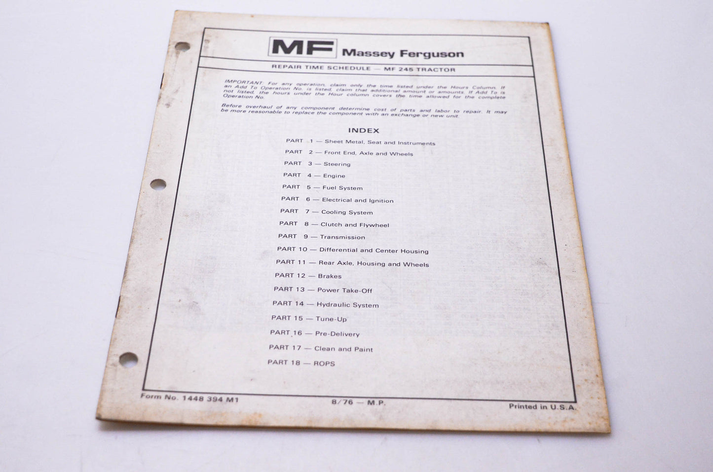 Massey Ferguson 1448 394 M1 Repair Time Schedule MF 245 Tractor