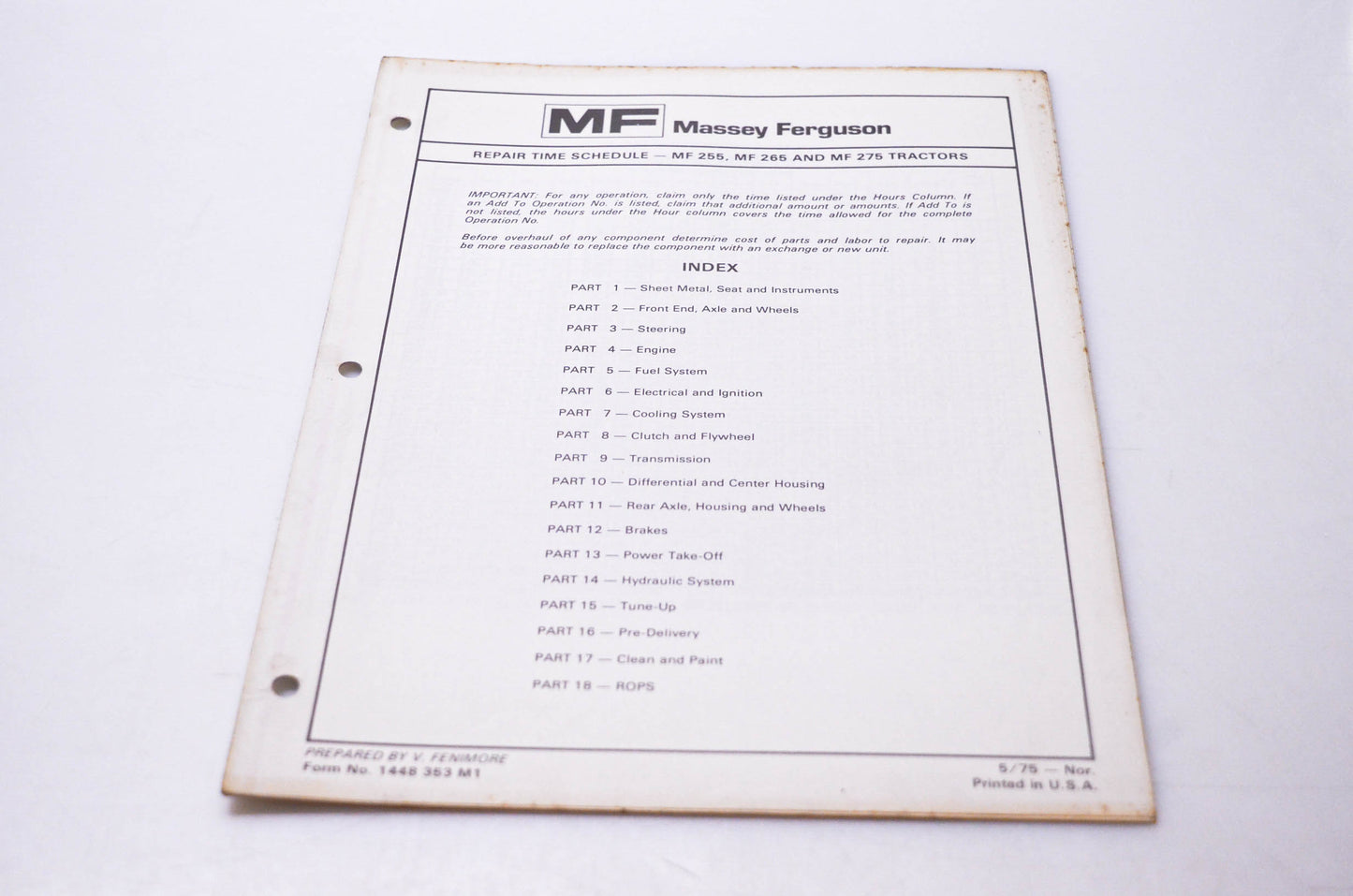 Massey Ferguson 1448 353 M1 Repair Time Schedule MF 255 MF 265 & MF 275 Tractors