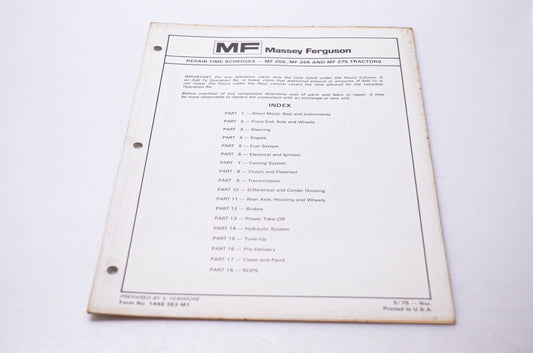 Massey Ferguson 1448 353 M1 Repair Time Schedule MF 255 MF 265 & MF 275 Tractors
