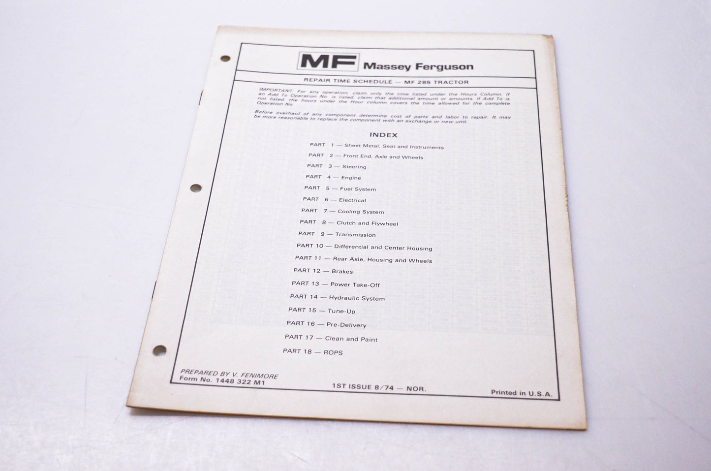 Massey Ferguson 1448 322 M1 Repair Time Schedule MF 285 Tractor
