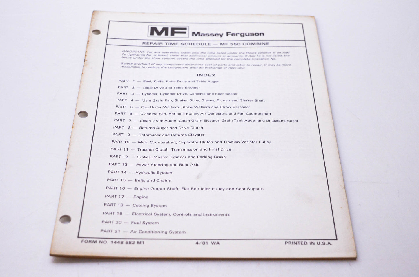 Massey Ferguson 1448 582 M1 Repair Time Schedule MF 550 Combine